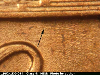 Die-stage B marker on 1962P•1DO•014 (1962 Doubled Die Obverse).