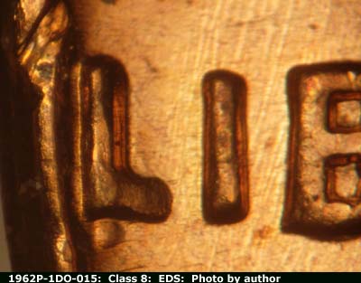 Die-stage A marker on 1962P•1DO•015 (1962 Doubled Die Obverse).