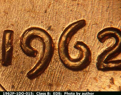 Die-stage A marker on 1962P•1DO•015 (1962 Doubled Die Obverse).