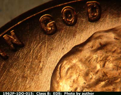 Die-stage A marker on 1962P•1DO•015 (1962 Doubled Die Obverse).