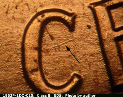 Die-stage A marker on 1962P•1DO•015 (1962 Doubled Die Obverse).