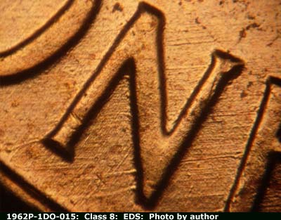 Die-stage A marker on 1962P•1DO•015 (1962 Doubled Die Obverse).
