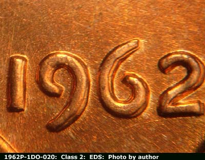 Die-stage A marker on 1962P•1DO•020 (1962 Doubled Die Obverse).