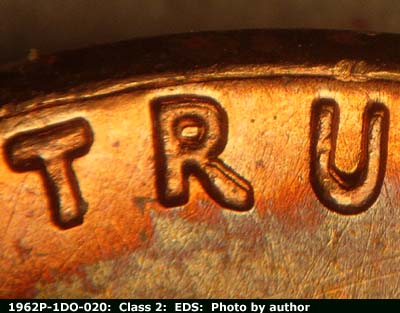 Die-stage A marker on 1962P•1DO•020 (1962 Doubled Die Obverse).