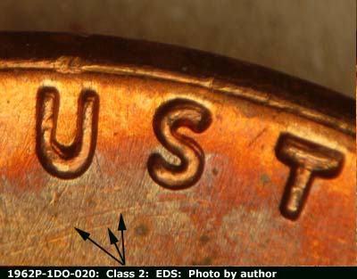 Die-stage A marker on 1962P•1DO•020 (1962 Doubled Die Obverse).