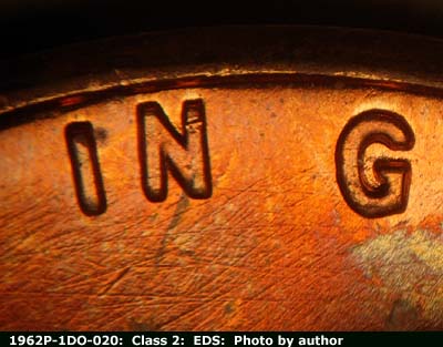 Die-stage A marker on 1962P•1DO•020 (1962 Doubled Die Obverse).