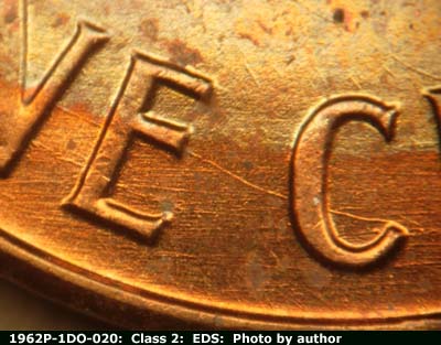 Die-stage A marker on 1962P•1DO•020 (1962 Doubled Die Obverse).