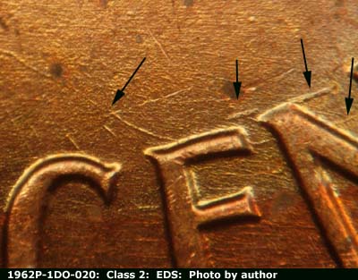 Die-stage A marker on 1962P•1DO•020 (1962 Doubled Die Obverse).