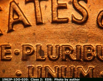 Die-stage A marker on 1962P•1DO•020 (1962 Doubled Die Obverse).