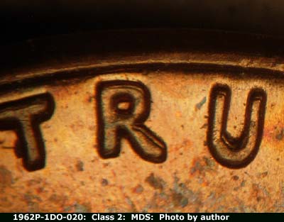 Die-stage B marker on 1962P•1DO•020 (1962 Doubled Die Obverse).