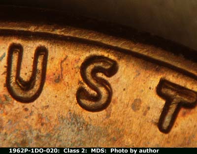 Die-stage B marker on 1962P•1DO•020 (1962 Doubled Die Obverse).