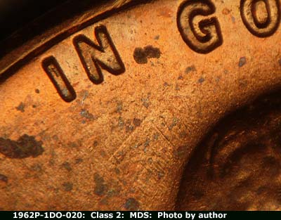 Die-stage B marker on 1962P•1DO•020 (1962 Doubled Die Obverse).