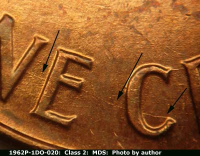 Die-stage B marker on 1962P•1DO•020 (1962 Doubled Die Obverse).