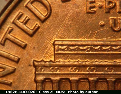 Die-stage B marker on 1962P•1DO•020 (1962 Doubled Die Obverse).