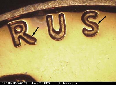 Die-stage A marker on 1962P•1DO•022P (1962 Doubled Die Obverse).