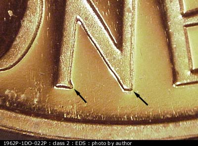 Die-stage A marker on 1962P•1DO•022P (1962 Doubled Die Obverse).