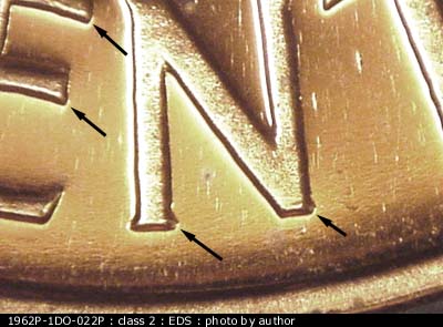 Die-stage A marker on 1962P•1DO•022P (1962 Doubled Die Obverse).
