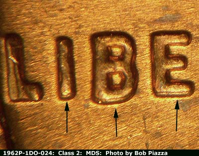Die-stage B marker on 1962P•1DO•024 (1962 Doubled Die Obverse).