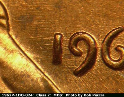Die-stage B marker on 1962P•1DO•024 (1962 Doubled Die Obverse).