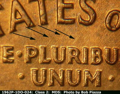 Die-stage B marker on 1962P•1DO•024 (1962 Doubled Die Obverse).