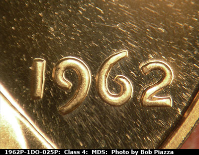 Die-stage B marker on 1962P•1DO•025P (1962 Doubled Die Obverse).