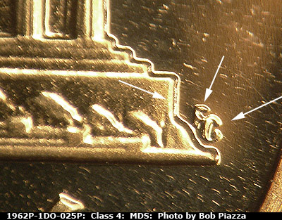 Die-stage B marker on 1962P•1DO•025P (1962 Doubled Die Obverse).