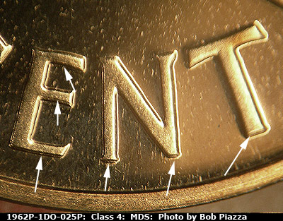 Die-stage B marker on 1962P•1DO•025P (1962 Doubled Die Obverse).