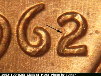 1962 Lincoln cent obverse, CopperCoins die 1962P•1DO•026.