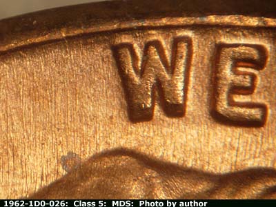 Die-stage B marker on 1962P•1DO•026 (1962 Doubled Die Obverse).
