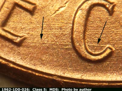 Die-stage B marker on 1962P•1DO•026 (1962 Doubled Die Obverse).