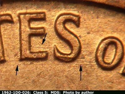 Die-stage B marker on 1962P•1DO•026 (1962 Doubled Die Obverse).