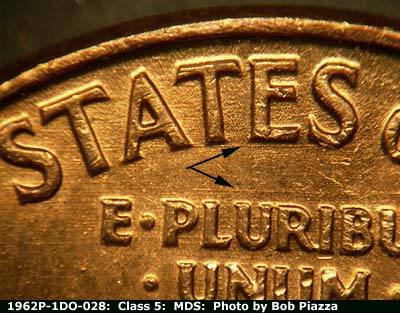 Die-stage B marker on 1962P•1DO•028 (1962 Doubled Die Obverse).