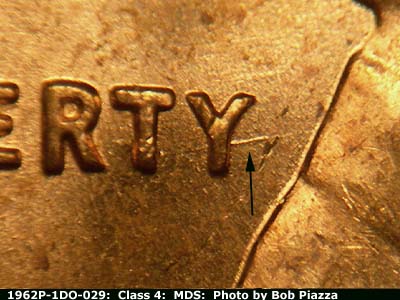 Die-stage B marker on 1962P•1DO•029 (1962 Doubled Die Obverse).