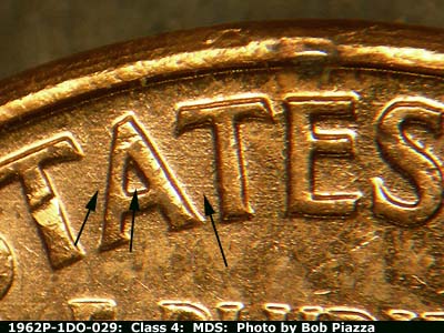Die-stage B marker on 1962P•1DO•029 (1962 Doubled Die Obverse).
