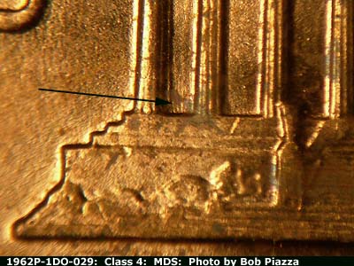 Die-stage B marker on 1962P•1DO•029 (1962 Doubled Die Obverse).