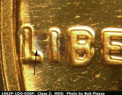 Die-stage B marker on 1962P•1DO•030P (1962 Doubled Die Obverse).