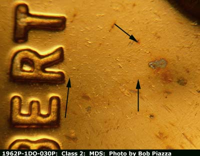 Die-stage B marker on 1962P•1DO•030P (1962 Doubled Die Obverse).
