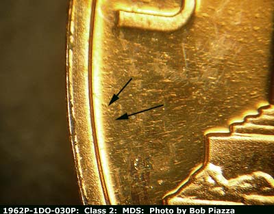 Die-stage B marker on 1962P•1DO•030P (1962 Doubled Die Obverse).