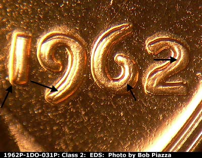 Die-stage A marker on 1962P•1DO•031P (1962 Doubled Die Obverse).