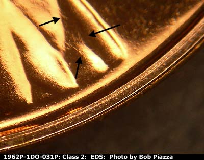 Die-stage A marker on 1962P•1DO•031P (1962 Doubled Die Obverse).