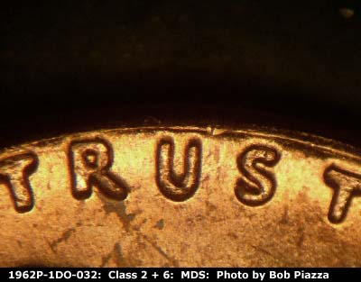 Die-stage B marker on 1962P•1DO•032 (1962 Doubled Die Obverse).