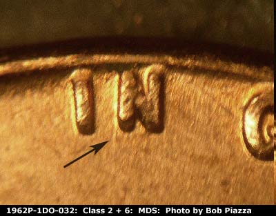 Die-stage B marker on 1962P•1DO•032 (1962 Doubled Die Obverse).