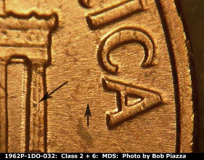 Die-stage B marker on 1962P•1DO•032 (1962 Doubled Die Obverse).