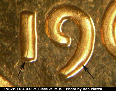 Die-stage B marker on 1962P•1DO•033P (1962 Doubled Die Obverse).