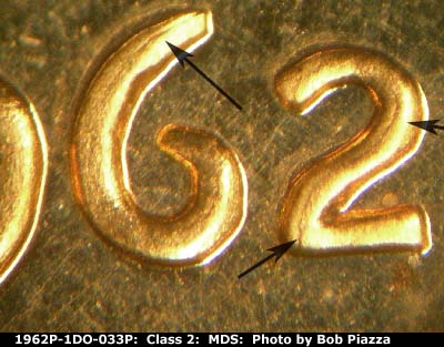 Die-stage B marker on 1962P•1DO•033P (1962 Doubled Die Obverse).