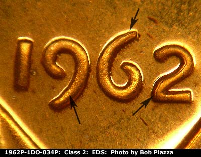 Die-stage A marker on 1962P•1DO•034P (1962 Doubled Die Obverse).