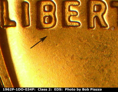 Die-stage A marker on 1962P•1DO•034P (1962 Doubled Die Obverse).