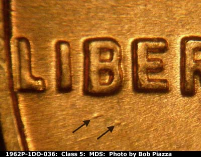 Die-stage B marker on 1962P•1DO•036 (1962 Doubled Die Obverse).