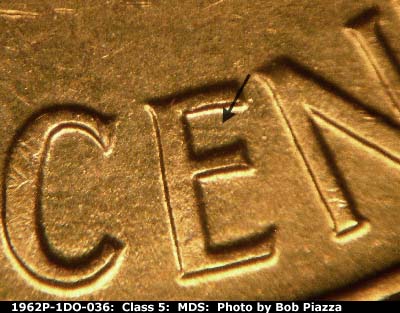 Die-stage B marker on 1962P•1DO•036 (1962 Doubled Die Obverse).