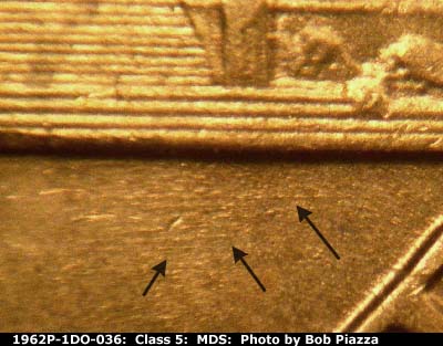 Die-stage B marker on 1962P•1DO•036 (1962 Doubled Die Obverse).